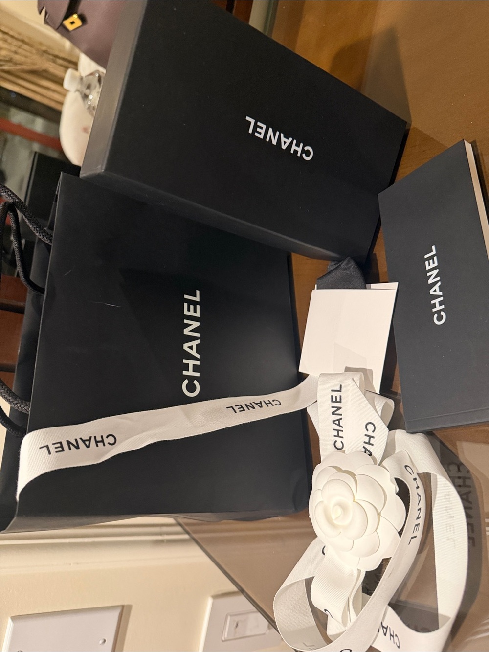 CHANEL sunglasses Boxes with White Ribbon and Camellia, shopping bag